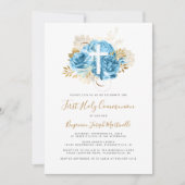 Foto Cross Blue Gold Floral Erste Kommune Einladung (Vorderseite)