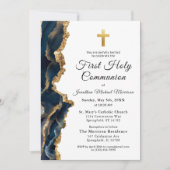 Foto Cross Navy Blue Gold First Communation Einladung (Vorderseite)