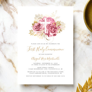 Foto Cross Pink Gold Floral Erste Kommune Einladung