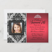 Foto Damask Red and Black Glitzer Sweet 16 Einladung (Vorderseite)