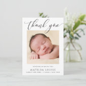 FOTO DANK IHNEN elegante Kalligraphie neues Baby Dankeskarte (Stehend Vorderseite)