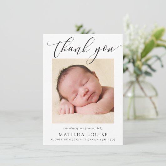 FOTO DANK IHNEN elegante Kalligraphie neues Baby Dankeskarte (Stehend Vorderseite)