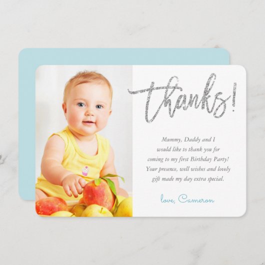 FOTO DANK IHNEN hübsche Silber-Glitzer-Skript aqua Dankeskarte (Vorne/Hinten)