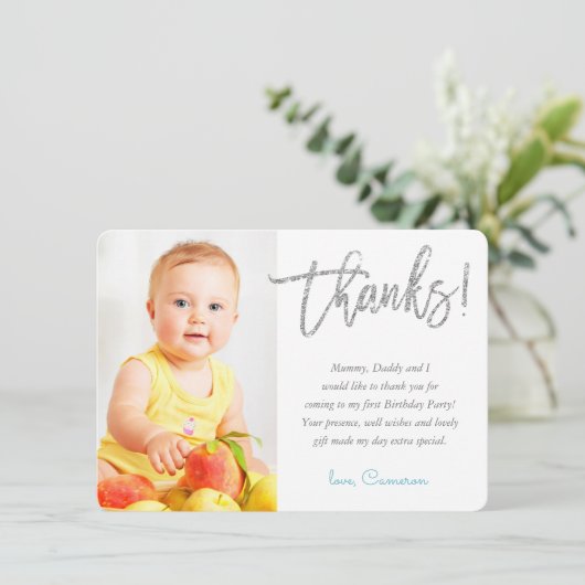 FOTO DANK IHNEN hübsche Silber-Glitzer-Skript aqua Dankeskarte (Stehend Vorderseite)