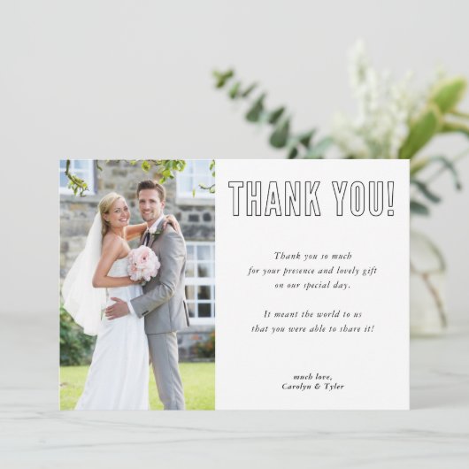 FOTO DANK IHNEN modernes Paar urbanen Schriftart Dankeskarte (Stehend Vorderseite)