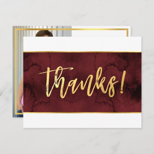 FOTO DANK IHNEN modernes Rotmaronen-Goldskript Dankeskarte (Vorne/Hinten)