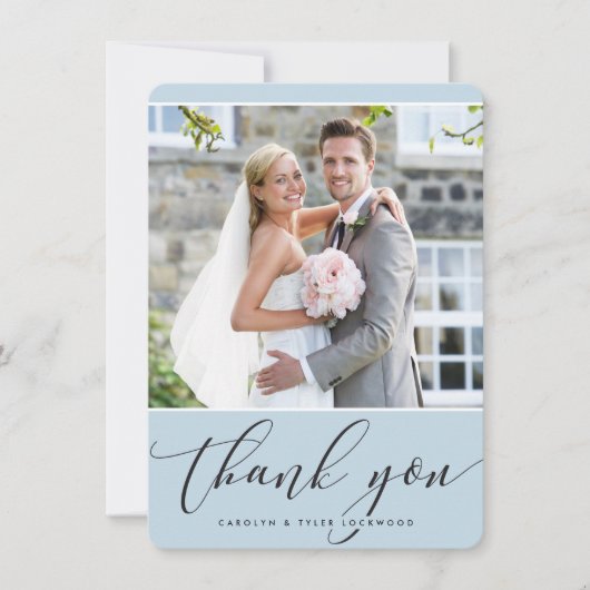 FOTO DANKEN SIE hübsche Kalligraphie blass blau Dankeskarte (Vorderseite)