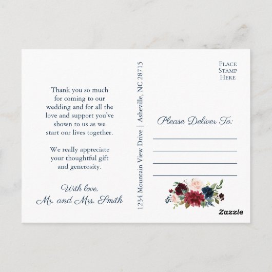 Foto Dankeschön Postkarten mit Marsala Navy Blume (Rückseite)