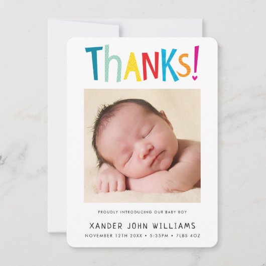 FOTO DANKS moderne neue Baby farbige Art Dankeskarte (Vorderseite)