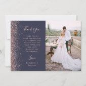 Foto Dark Blue Rose Gold Glitzer Script Hochzeit Dankeskarte (Vorderseite)