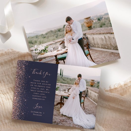 Foto Dark Blue Rose Gold Glitzer Script Hochzeit Dankeskarte