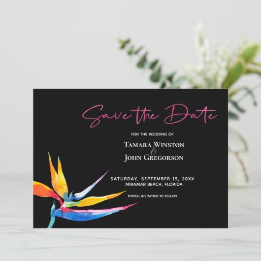 Foto Dark Tropical Bird of Paradise Beach Hochzeit Save The Date (Stehend Vorderseite)