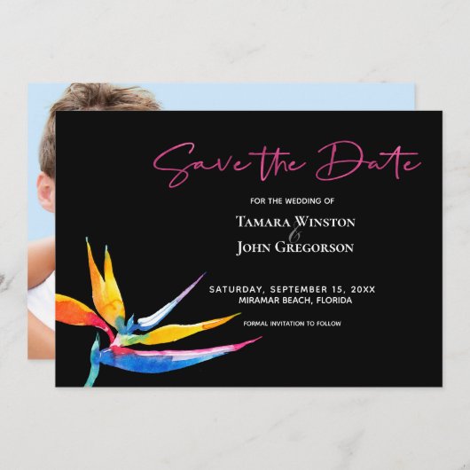 Foto Dark Tropical Bird of Paradise Beach Hochzeit Save The Date (Vorne/Hinten)