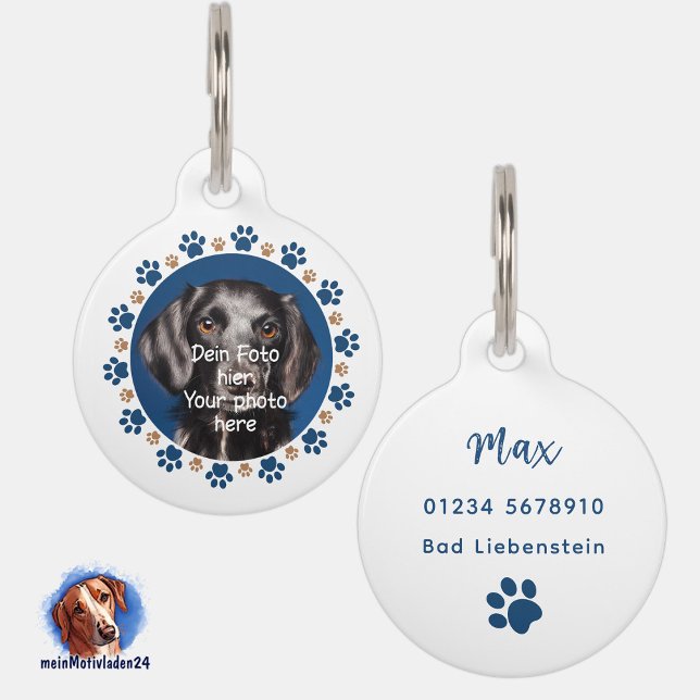 Foto deines Haustieres - Pfötchen blau braun |  Haustiermarke (Personalisierbare Haustiermarke mit kleinen Pfötchen, mit Foto und Text personalisierbar)