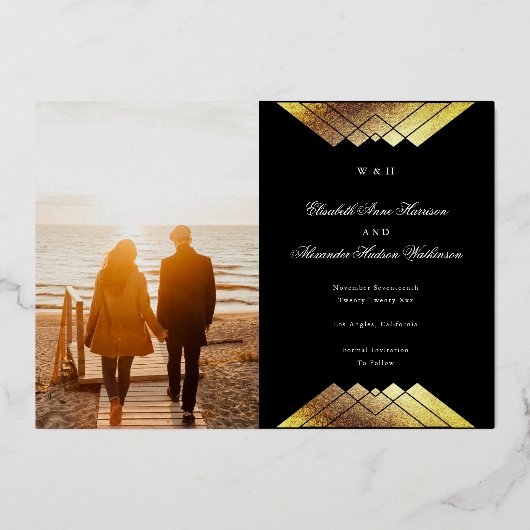 Foto Deko Black Geometric Gold Save the Date Folieneinladung (Rückseite)