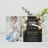 Foto der Black and Gold Graduate Cap Graduation Pa Einladung (Stehend Vorderseite)