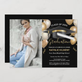 Foto der Black and Gold Graduate Cap Graduation Pa Einladung (Vorne/Hinten)