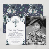 Foto der ersten Heiligen Kommunion Boys Blumenkreu Einladung (Vorne/Hinten)