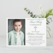 Foto der ersten Heiligen Kommunion Sage Green Silv Einladung (Stehend Vorderseite)