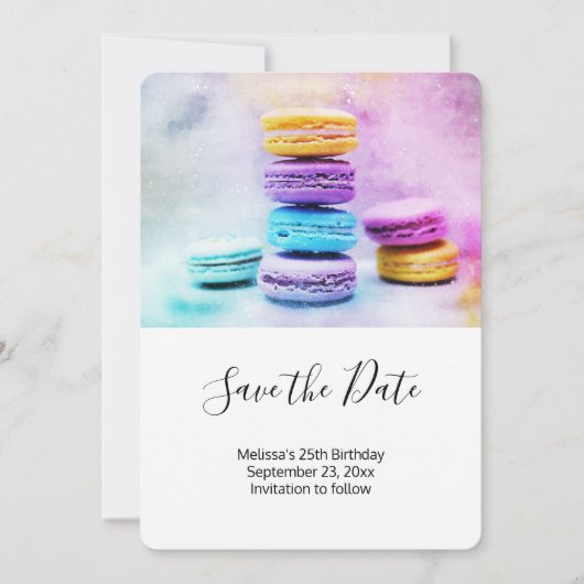 Foto der farbenfrohen Macarons Save The Date (Vorderseite)