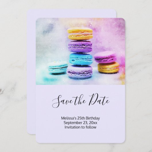 Foto der farbenfrohen Macarons Save The Date (Vorne/Hinten)