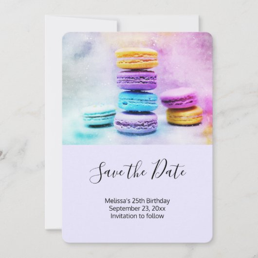 Foto der farbenfrohen Macarons Save The Date (Vorderseite)