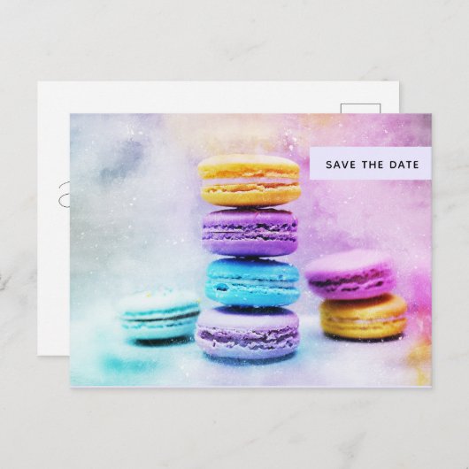 Foto der farbenfrohen Macarons Save the Date Einladungspostkarte (Vorne/Hinten)