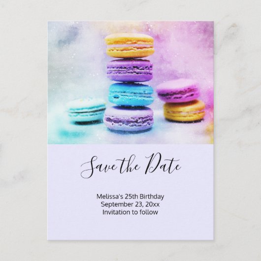 Foto der farbenfrohen Macarons Save the Date Einladungspostkarte (Vorderseite)