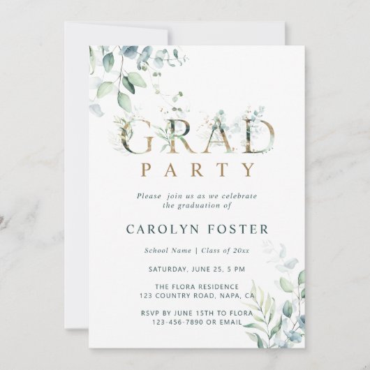 Foto der Gold Botanical Letter Graduation Party Einladung (Vorderseite)