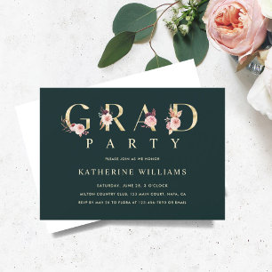 Foto der Green Gold Floral Letter Graduation Party Einladung