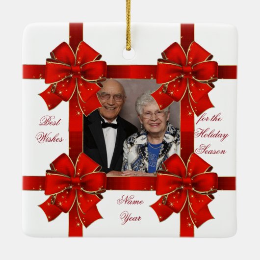 Foto der Grüße der Roten Bow-Jahreszeit Keramikornament (Rückseite)