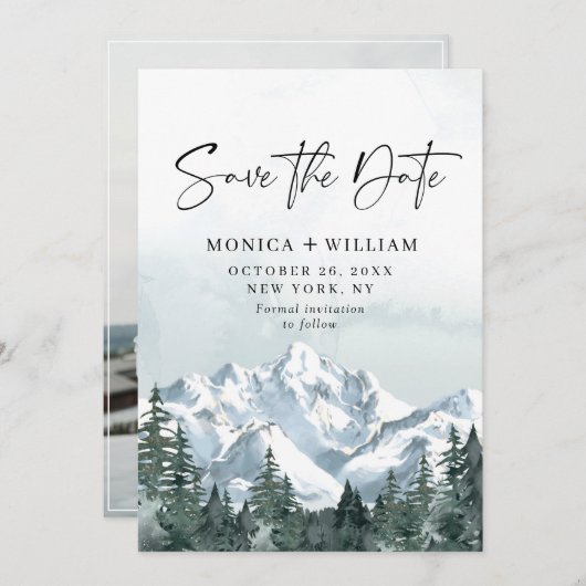 Foto der Hochzeiten im Wald im Wasserfarbengebirge Save The Date (Vorne/Hinten)