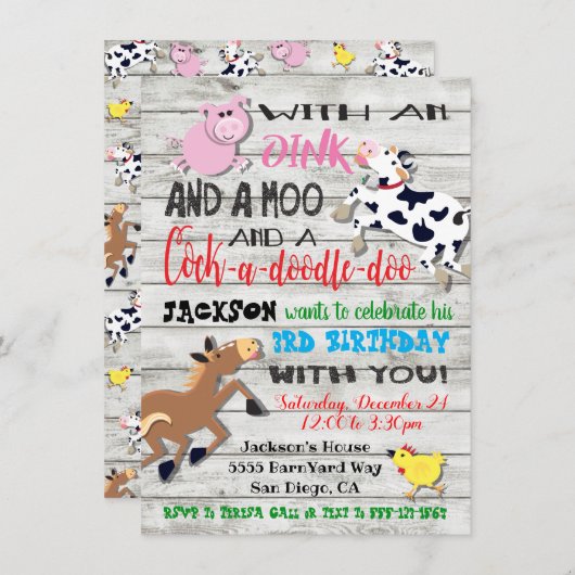 Foto der Landtiere Geburtstagsfeier Einladung (Vorne/Hinten)
