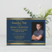 Foto der Navy Blue and Gold Graduation Party Einladung (Stehend Vorderseite)