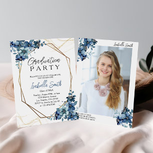 Foto der Navy Blue Elegant Floral Graduation Party Einladung
