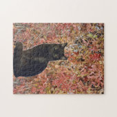 Foto der schwarzen Katze mit Orangen Herbstblätter Puzzle (Horizontal)