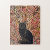 Foto der schwarzen Katze mit Orangen Herbstblätter Puzzle (Vertikal)