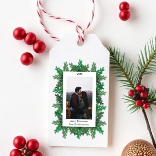 Foto der Weihnachtsbaumzweige Geschenkanhänger