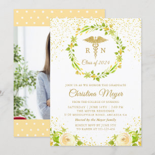 Foto der Yellow Floral Gold Nursing Graduation Par Einladung