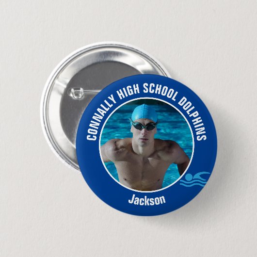 Foto des blauen Schwimmteams High School Schwimmer Button (Vorne & Hinten)