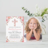 Foto des ersten Heiligen Kommunion Girl Floral Cro Einladung (Stehend Vorderseite)