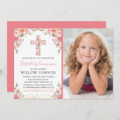 Foto des ersten Heiligen Kommunion Girl Floral Cro Einladung (Vorne/Hinten)