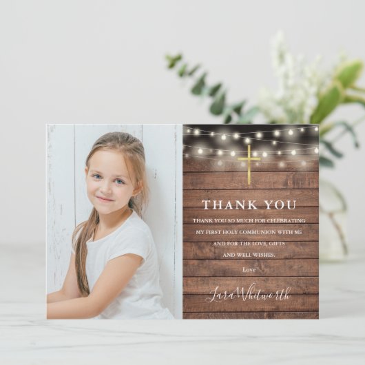 Foto des ersten heiligen Kommunion Rustic String L Dankeskarte (Stehend Vorderseite)