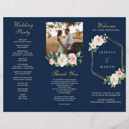 Foto des Hochzeitsprogramms "Navy Blue Blush" Flyer (Vorne)