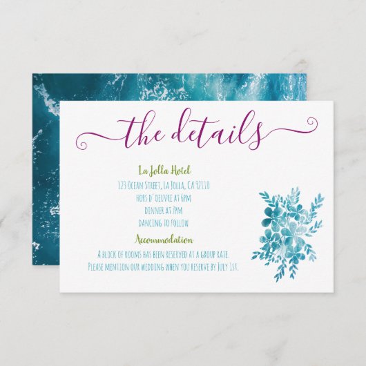 Foto des modernen hellen Blütenblau Rosa Begleitkarte (Vorne/Hinten)