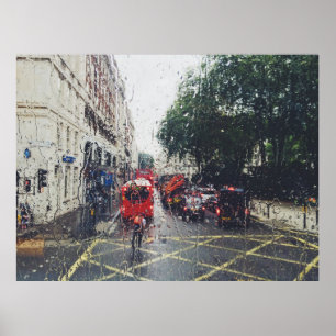 FOTO DES ROTEN BUS AUF DER STRASSE VOM FENSTER POSTER