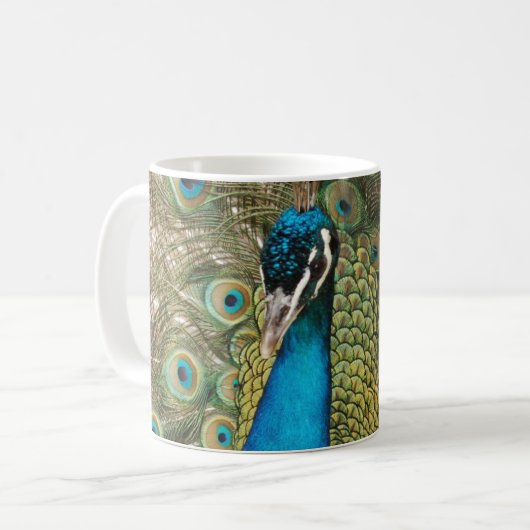 Foto des schönen Pfauens mit Spread Feathers Kaffeetasse (Vorderseite Links)