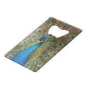 Foto des schönen Pfaus mit verbreiteten Federn Kreditkarten Flaschenöffner (Rückseite Schrägansicht)