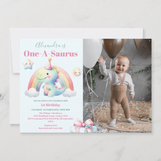 Foto Dinosaur 1. Geburtstag Farblich Niedlich Einladung (Vorderseite)