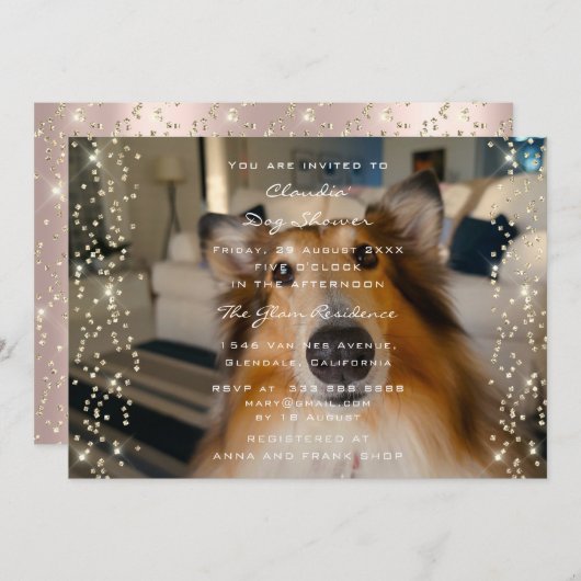 Foto DOG Dusche Geburtstag Rose Gold Confetti Einladung (Vorne/Hinten)